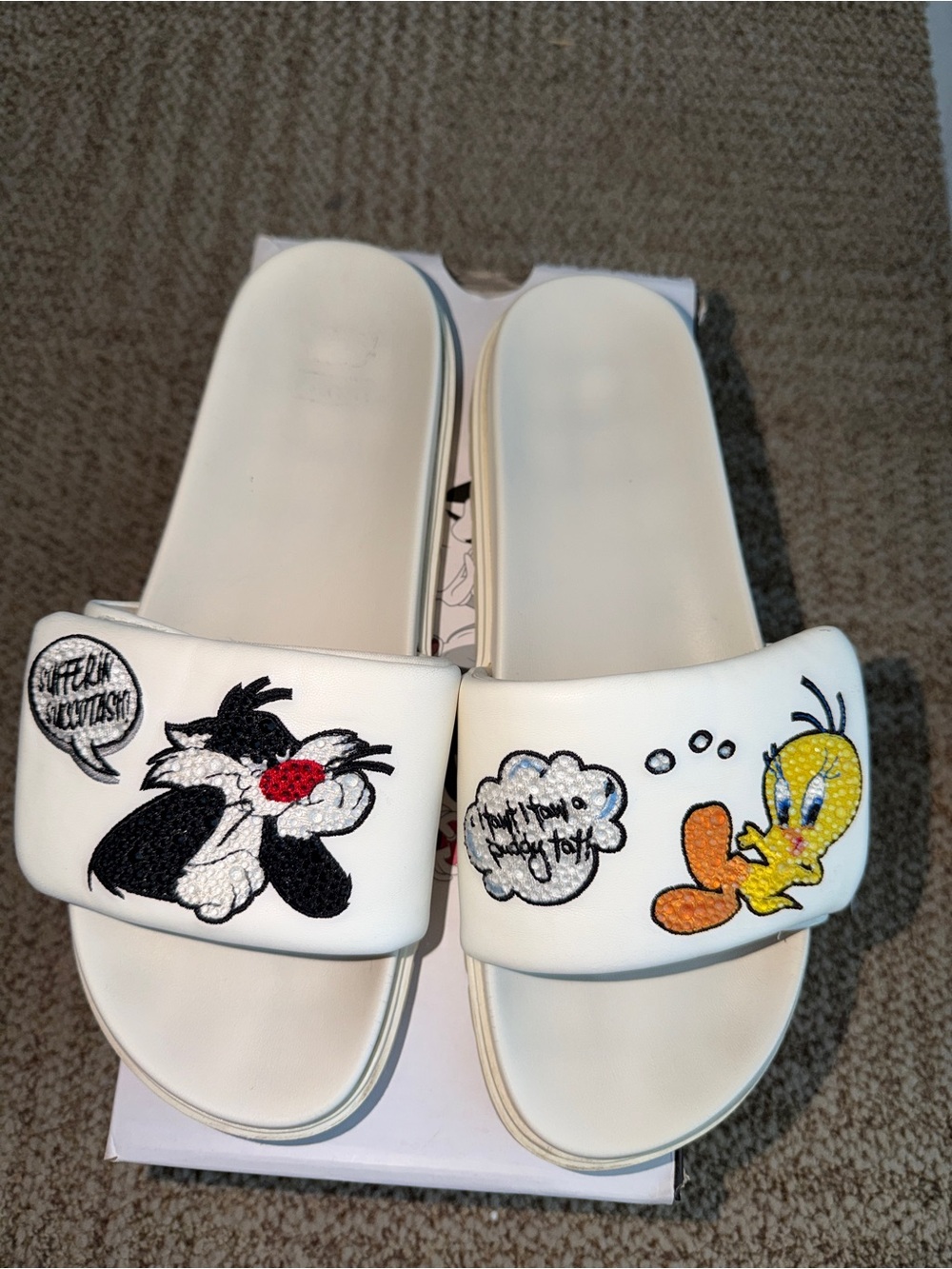Limited Edition - Aldo White Looney Tunes (Tweety & Sylvester) Slide Sandals - Picture 1 of 8